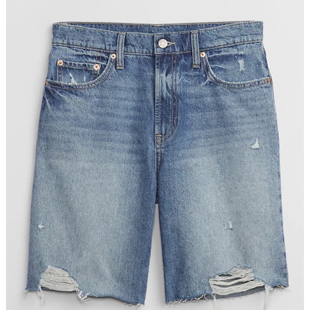 8” High Rise Destructed Denim Loose Bermuda Shorts with Washwell